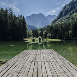 Dock overlooking mountain lake